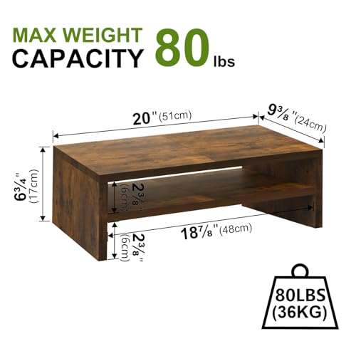 Image of TEAMIX 20 inch Monitor Riser Stand - 2 Tiers, Wood Rustic Desktop Bookshelf | Laptop /PC /Printer /Keyboard Storage, Ergonomic Design, 15mm thick Sturdy Wood Boards, TV Stand, Home Office Desk Accessories