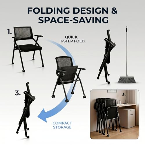 Image of [4 Pack] Folding Office Chair on Wheels, Heavy Duty Conference Chair | Nesting Training Chairs, Breathable Mesh Back, Lumbar Support, Padded Seat, Classroom, Guest Reception, WFH, Meeting Seating