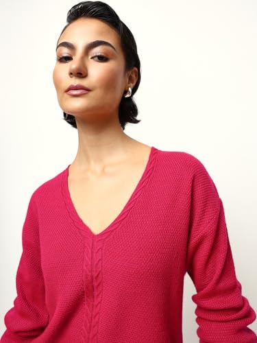 Image of High Star Women Knitted Acrylic Relaxed Fit V Neck Long Sleeve Sweaters