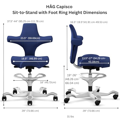 Image of HAG Capisco Sit to Stand Chair-White Frame-Upholstered Cobalt Blue-with Foot Ring