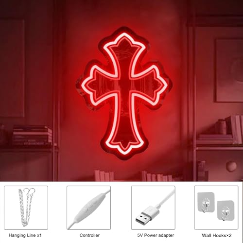 Image of Cross Gothic Y2K Cross Mirror Neon Sign, Birthday Gift, Gothic Wall Decor, Corss Bedroom Mirror Sign, Gift for Friends, Retro Wall Decoration, 16.5 inchx12 inch