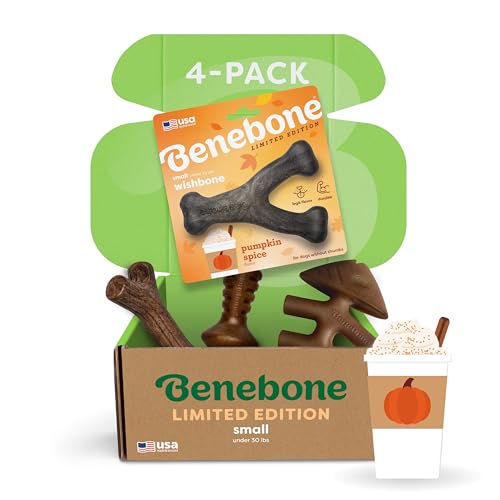 Image of Benebone Limited Edition Small 4 Pack with Pumpkin Wishbone Dog Chew Toys for Aggressive Chewers, Made in USA, 30lbs and Under