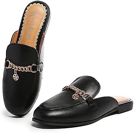 MACNMEUU Mules for Women Round Toe Flats Shoes Backless Slides Comfortable Slip on Loafers with Chain Black, Size 9