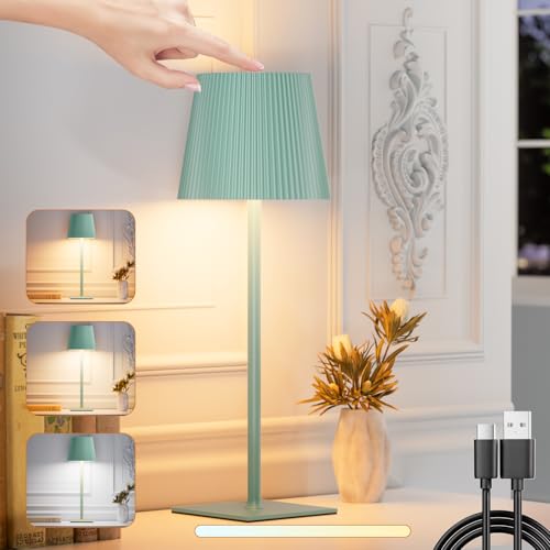 skelo Lámpara de Mesa Inalámbrica Regulable Táctil LED con Batería,4000 mAh, 3 Temperaturas de Color, Adecuada Para Interiores y Exteriores, Material Metálico USB-C Verde 1 pieza