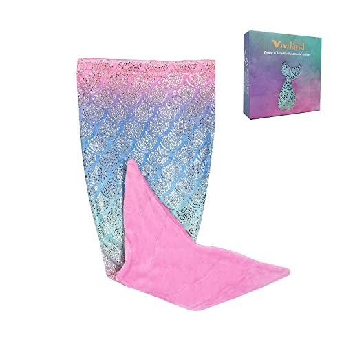 Viviland Kids Mermaid Tail Blanket - Girls Toddlers Mermaid Toys - Flannel Mermaid Blanket Gifts for Girls - Glittering Rainbow Ombre Mermaid Tale Blanket - Red Tail 17"Ã—39"