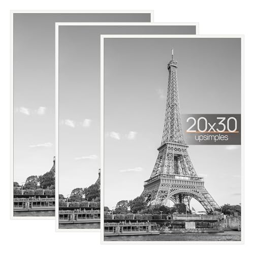 Image of upsimples 20x30 Picture Frame White 3 Pack, Scratch-Proof Poster Frames 20 x 30 for Photo Gallery - Slide-in Strips, Horizontal or Vertical Wall Mounting