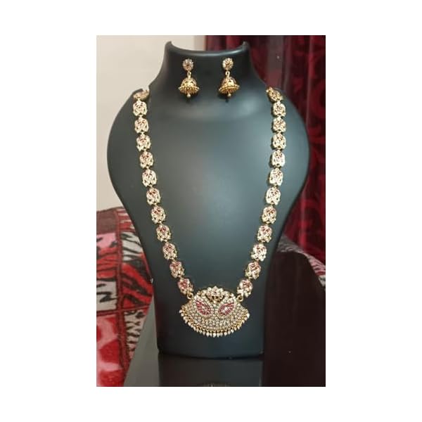 Impon Stone Jewellery Set - Long Haram - Jimikki - Pink and White Stone - 34 inch Long Haram length - Image 4