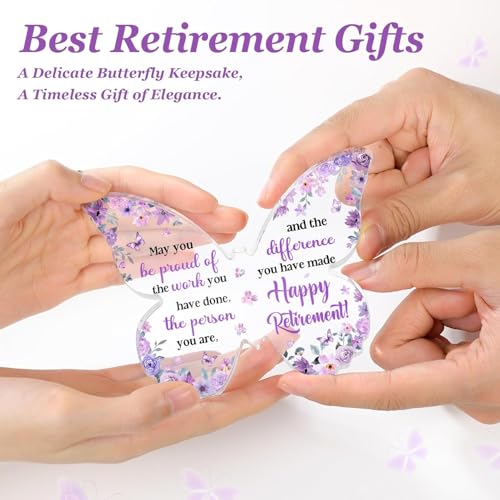 Image of Gifzy Unique Retirement Gift for Woman Men, 5x5x0.5 Inch Purple Butterfly Acrylic Plaque Decor with Warm Words, Best Retirement Gifts for Coworker Teacher Friend Nurse Boss
