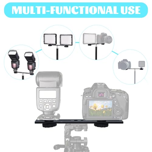 THQAE Dual Blitzhalterung 20 cm, Kamera Halterung, Aluminium Blitzschiene mit 1/4\ und 3/8\ Schraube Flash Bracket mit Doppel Blitzschuh für DSLR Kamera, LED Licht, Mikrofon, Stativ Zubehör