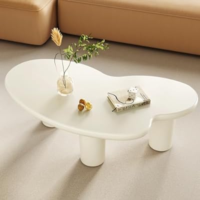 GraceNook White Cloud Coffee Table, Vintage Coffee Table with 3 Support Legs, Smooth Surface and Round Edge, Table Front of The Sofa, 47" Irregular Center Table for Living Room, Bedroom