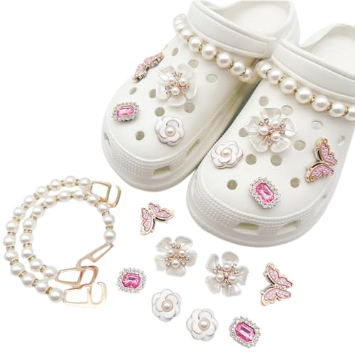 HANNEA 10pcs Mixed Colors Butterfly Flower Rhinestone Pearl Shoe Charms Resin Gem DIY Party Shoe Decoration Chains & Charms Set for Women Girls