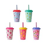 REDUCE GoGo's Kids Portable Tumbler Cups with Lids and Spill-Proof Straws - 5 Pack of Stackable 12 oz Tumblers with Twist-On Lids - Easy Storage, Dishwasher Safe - Fruity Cutie