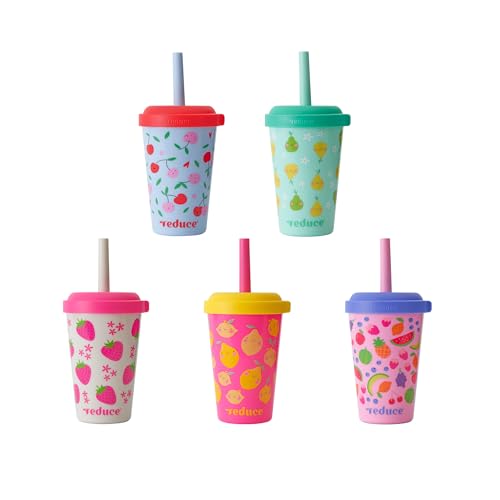 REDUCE GoGos Kids Portable Tumbler Cups with Lids and Spill-Proof Straws - 5 Pack of Stackable 12 oz Tumblers with Twist-On Lids - Easy Storage Dishwasher Safe - Fruity Cutie