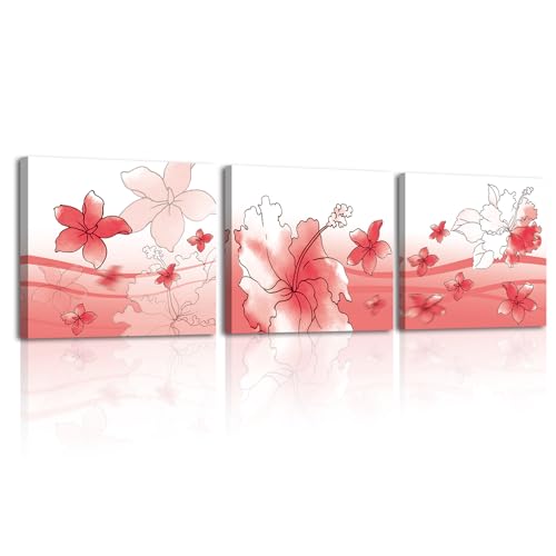 Piy Painting 3Panneau Impression Sur Toile Décoration Fleurs Blanches Et Rouges Affiche Decoration Murale Tableau Sur Toile Tableau Decoration Murale Salon...