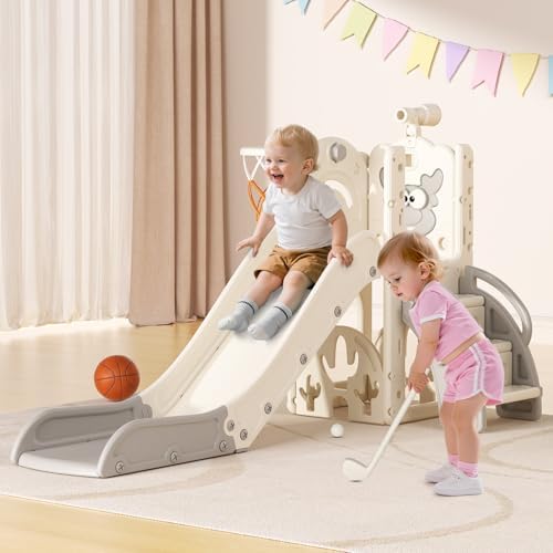 BIERUM Toddler Slide for Kids,6-in-1 Indoor Outdoor Toddler Slides Playground with Basketball Hoop, Golf Game & Telescope, L-Shaped Baby Slide Climber Playset, White&Gray