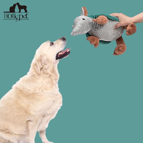 Image of Hollypet Plush Dog Squeaky Toy Stuffed Armadillo Animal Pet Puppy Chew Toys with Clean Teeth for Small Medium Large All Breed Sizes Dogs, Deep Green, 14 in