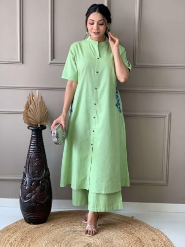 Image of Women's Cotton Embroiderd Long A-Line Kurti with Palazzo
