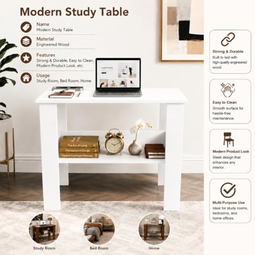 Image of SPYDER CRAFT Modern Specio Engineered Wood Study Table with Storage Shelf | Clean Minimalist Computer Desk for Home, Office, & Bedroom | Durable & Easy to Clean (White) (Assembly DIY)
