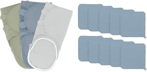 Comfy Cubs Saco de dormir fácil ajustable con cremallera de fácil acceso y paños de bebé, toallas de algodón de muselina para bebé incluidas