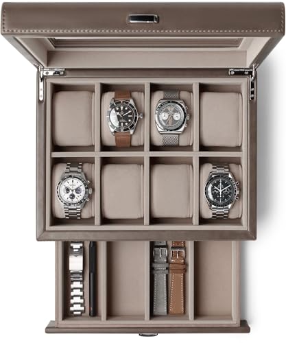 TAWBURY Boîte à montres à 8 emplacements – Boîtier de montre unisexe avec tiroir de rangement, affichage en verre véritable et coussins extra larges pour grandes montres (taupe)