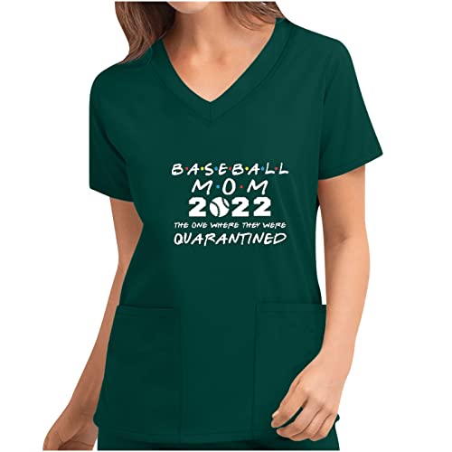 Baseball Mom 2022 | Womens Letter Scrub Tops V Neck Short Sleeve Pocket Workwear Ladies Tunic Blouse Graphic Tees