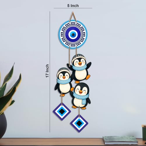 Image of Artvibes Penguin Family Evil Eye Wall Hanging Decor for Kids Room | Living Room | Bedroom | Cute Nazar Battu Protection Ornament | Positive Energy Wall Accent Gift (WH 85147N)