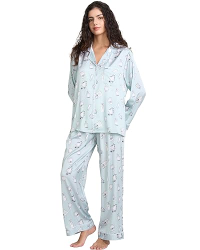 Image of YiNi LuLu Womens Silk Satin Pajamas Set Button Down 2 Piece Pjs Long Sleeve Oversized Sleepwear with Pockets