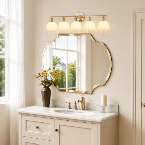 Image of Bathroom Light Fixtures, 5-Light Brushed Gold Vanity Lights for Bathroom with White Tulip Glass Shade, 30 inch Vintage Bathroom Vanity Lighting Fixtures Over Mirror for Bedroom Living Room Hallway