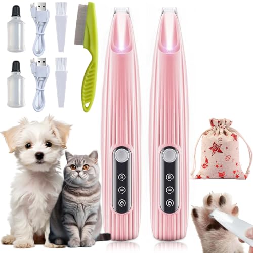 EZGHAR Paw Trimmer, Ultra-Low Noise, Saffury Electric Dog Paw Trimmer, Dog Trimmer with LED Light, Rechargeable Trimmer for Paws Eyes Ears Face Rump, Cats & Dogs (2PCS-Pink)