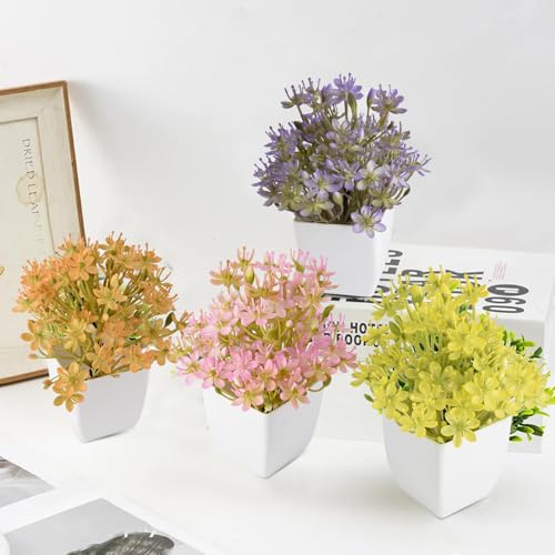 Artificial Mini Plants with Flowers, 4 Pack Fake Potted Plants, Indoor Home Decor, Small Realistic Faux Plants for Bathroom, Farmhouse
