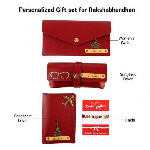 Image of AICA Personalized Name Leather Womens Wallet Rakhi Combo (Wine) | Rakhi for Sister | Rakhi Gift Hamper for Sister | Rakshabandhan Gift for Sister