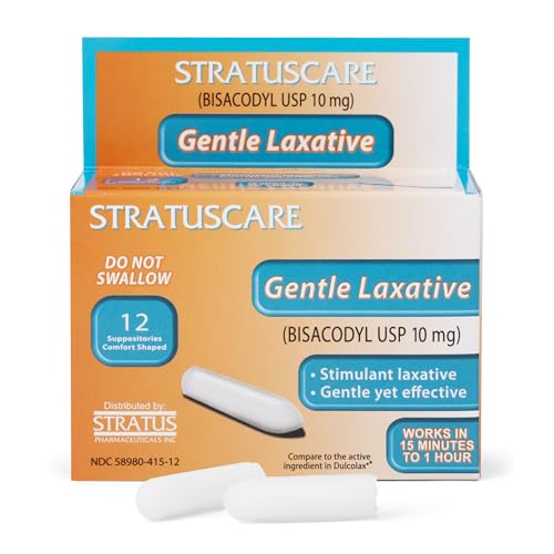STRATUS PHARMACEUTICALS Bisacodyl Laxative Suppositories 10mg for Constipation Relief for Adults, Fast Acting Suppository, 12 Count