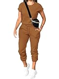 PINSV Women's 2 Piece Outfits Tracksuit Sets Short Sleeve Tops Jogger Pants with Pockets Brown M1