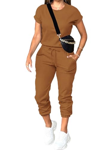 PINSV Women's 2 Piece Outfits Tracksuit Sets Short Sleeve Tops Jogger Pants with Pockets Brown M1