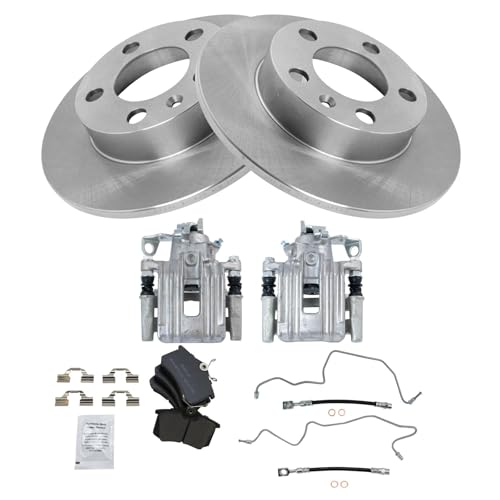 Image of TRQ Rear Brake Pad and Rotor Set Semi Metallic Rotors Calipers Compatible with 1999 Volkswagen Jetta