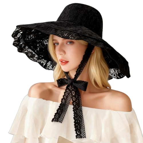 Women Lace Beach Sun Hat Floppy Wide Brim Fishermen Hat Foldable Bowler Bucket Cap Outdoor Travel Sunshade Cap Church Hats Black