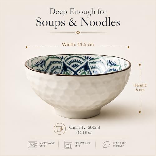 Image of Japanese Ceramic Bowl Set of 4 with Gift Box | 300ml Soup Rice Snack Dessert Bowls, Hand Painted Mandala Patterned Bowls | Microwave & Dishwasher Safe Serving Bowls (Mandala Muse)