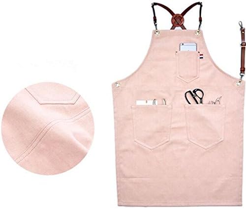 XIAKA Denim Bib Apron w/X Back Leather Straps Barista Florist Bartender Chef Aprons (Pink, S)