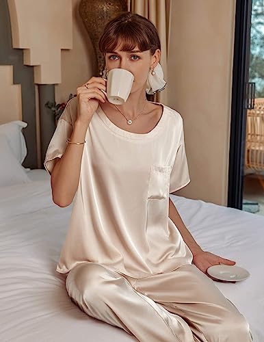 Ekouaer Womens Satin Silky Pajama Set Short Sleeve Shirt with Long Pajama Pant Set Soft PJ Loungewear, S-XXL