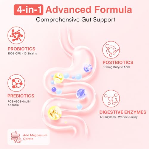 Image of Probiotic Powder, Probiotics for Gut Health, 100 Billion CFU, 30 Packets | 4-in-1 Formula - Prebiotics, Probiotics, Postbiotic & 17 Digestive Enzymes, Probiotics for Digestive Health & Bloating Relief