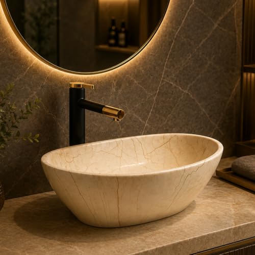 Image of Ceramic Tabletop Wash Basin - Glossy Bowl Shape Countertop Vessel Sink with Marble Finish for Bathroom & Vanity | Compact 16 x 13 x 5 Inch | Elegant Washbasin