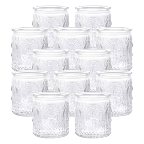 12PCS Glass Tea Light Candle Holders,6.6cm x 5.8cm Vintage Candle Jar, Coloured Tealight Holders, Votive Candle for Indoor, Outdoor, Garden, Dinner, Church, Weddings, Home Décor, Gifts (Clear)
