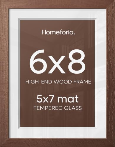 Image of Homeforia 6x8 Brown Oak Picture Frame, High-End Wood, 5x7 Mat, Glass | High End Solid Oak Wood, Tempered Glass, Acid-Free 5x7 Removable Mat, 6x8 Edge-to-Edge Display 8x6, Wall Kit, Set Of 1
