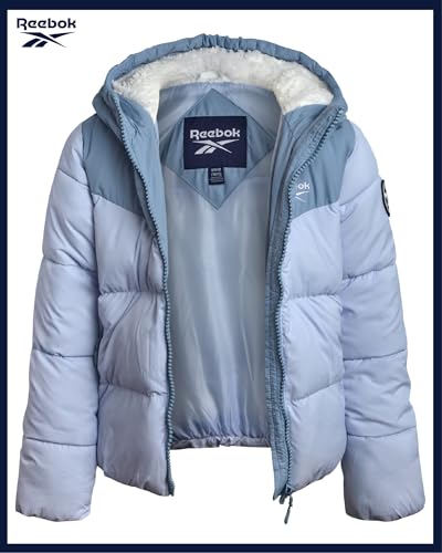 Image of Reebok Girls Heavyweight Poly Taffeta Puffer Jacket with Sherpa Hood | Insulated Quilting Locks in Warmth, Zip-Up Closure, Secure Pockets for Gloves, Cozy Protection for Cold-Weather Play
