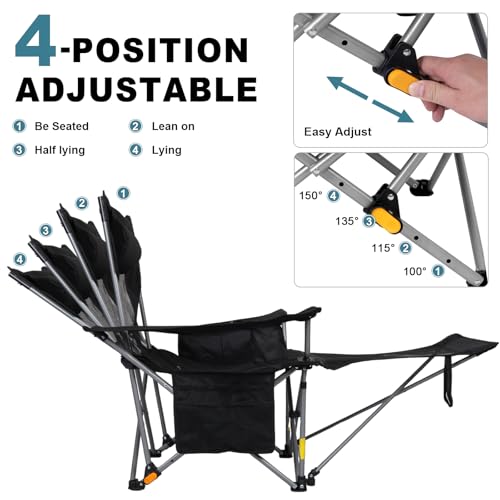 Image of Romswi 2Pack 4-Position Reclining Camping Chair with Removable Footrest, 2-in-1 Adjustable Portable Lounge Chair with Cooler Bag, Cup Holder, Side Pockets & Carry Bag for Outdoor, Mesh Black
