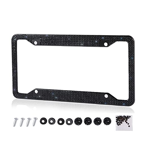 Fashion Handmade 4 Holes Black Crystal License Plate Frames,Premium Us Universal Bling License Plate Holder,Waterproof Rhinestone License Plate Cover(1 Frame) #TOP7