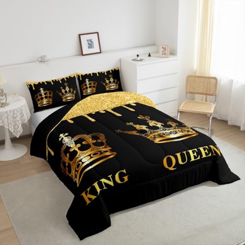 Image of Feelyou Kids Full Gold Crown King & Queen Bedding Set Mr Mrs Comforter Lover Couple Comforter Set for Couple Man Woman His and Hers Duvet Set Couple Wedding Room Decor with 2 Pillow Case