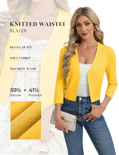 GRACE KARIN Cropped Cardigans Women Trendy, Casual Lightweight 3/4 Sleeve Sweater Blazer, Open Front Dressy Shrugs Yellow 02 — view 4