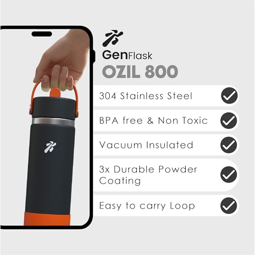Image of VBOTT GENFLASK-Ozil -800 ml|Thermosteel Flask with Straw Sipper & Carrying Loop| SS 304 Water Bottle|Hot /Cold-18 /24 hrs|Insulated Bottles|Dark Grey /Orange Colour|Multipurpose