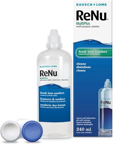 ReNu MultiPlus Multi-Purpose Contact Lens Solution, 240ml, for Soft Contact Lenses, Moisturise, Remove Protein, Clean, Disinfect, Lubricate, Rinse and Store Your Lenses, Lens Case Included